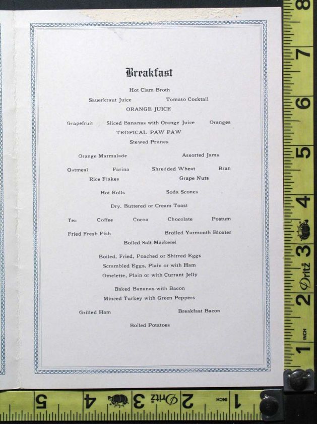 1932 U.S.S. Calamares United Fruit Co. Illustrated Breakfast Menu 