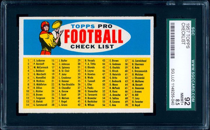 1957 Topps Football Checklist SGC 92 NM/MT++++  