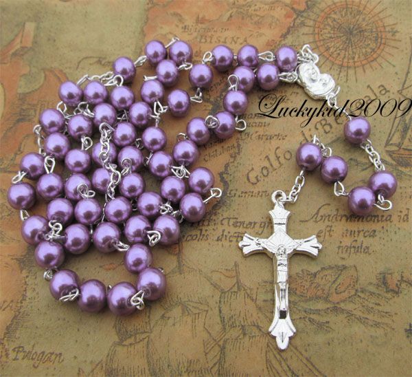 Rosario Jesus Cross Rosary Necklace purple Glass Round Bead chain 10 