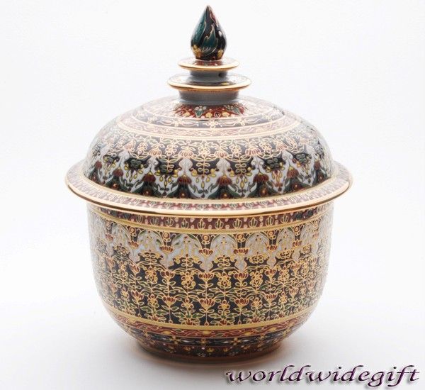 Thai Art Benjarong Pottery Lid Bowl Jar Gold Silk Box  