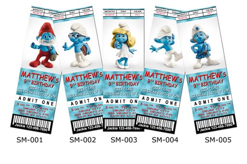 Personalized Birthday Invitation Ticket   Smurfs  