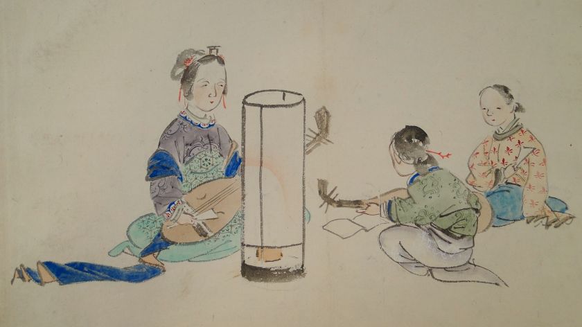 Antique 19C. Japanese Laid Paper Watercolor Paintings  